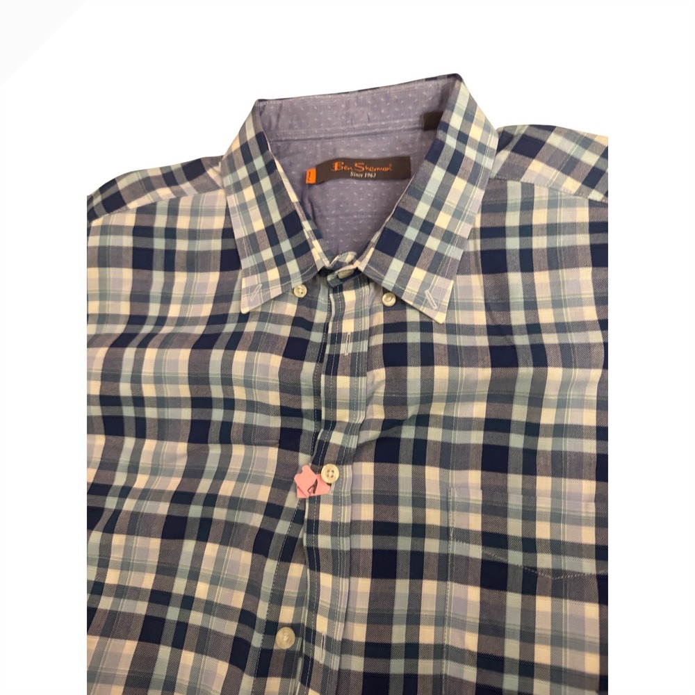 Ben Sherman Button Down Shirt Mens XXL Blue Plaid Short Sleeve Casual‎ Top